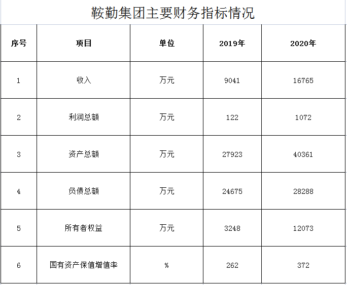 鞍勤集團2019年度-2020年度財務(wù)指標情況